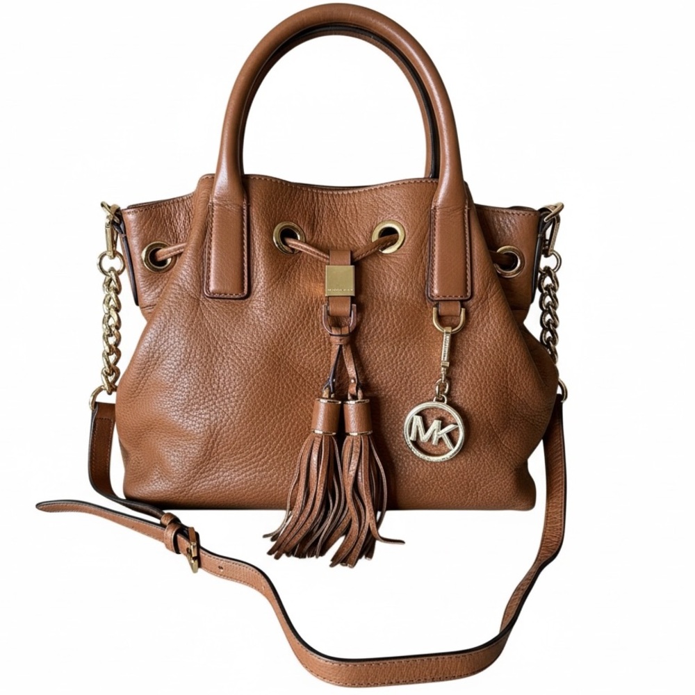 Michael Kors Camden Luggage Brown Leather Medium Drawstring Satchel